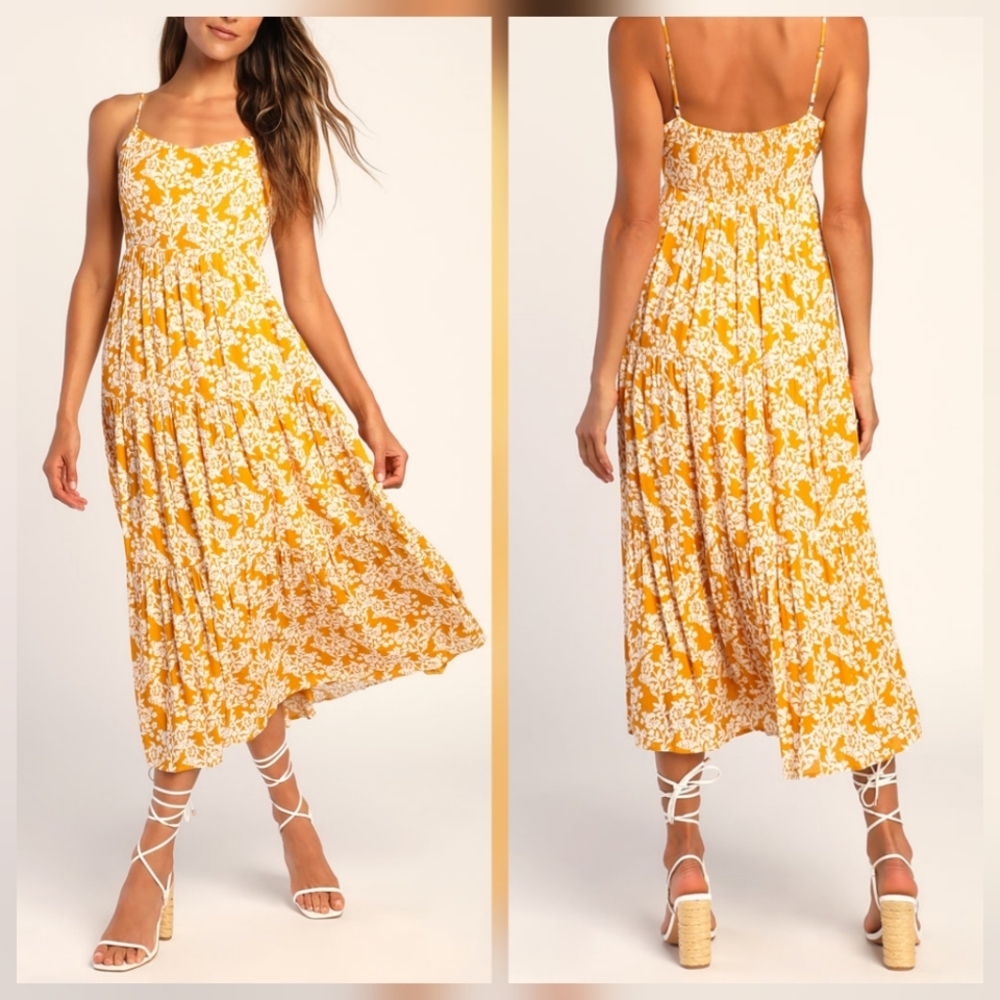 Lulus Catching Sunrays Mustard Yellow Floral Print Midi Dress M Sundress
